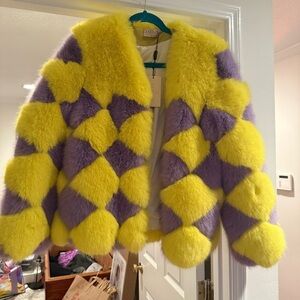 Jayley Fur Jacket with Yellow and Purple Design